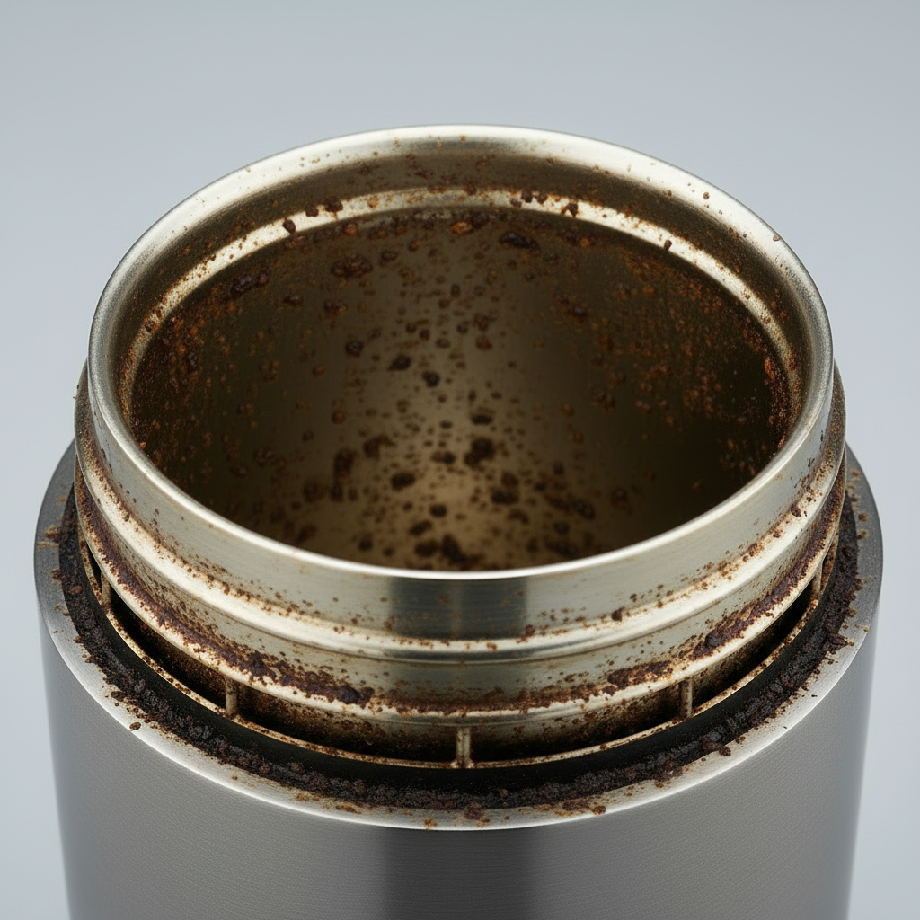Stained and discolored interior of a stainless steel travel mug showing coffee staining, unlike bru's stain-resistant ceramic lining