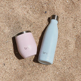 bru cup pink, bru bottle, baby pink reusable cup, baby blue reusable bottle, stainless steel thermal cup, stainless steel insulated bottle